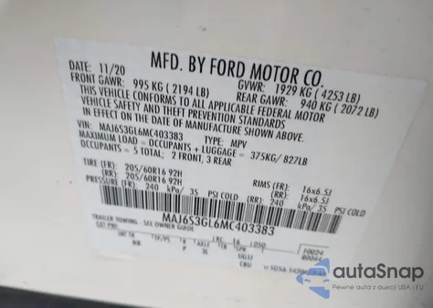 2021 Ford Ecosport Se из США, поврежденный, VIN MAJ6S3GL6MC403383